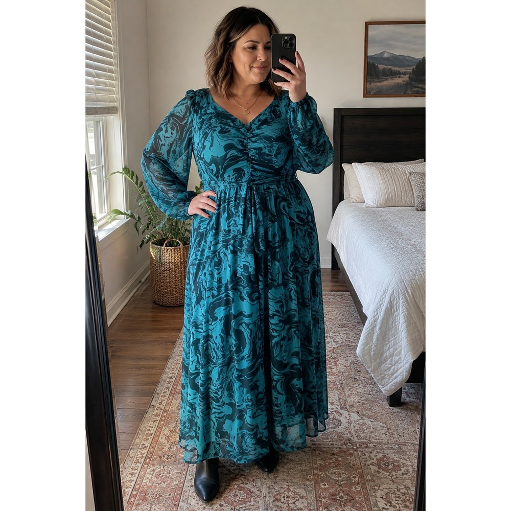 Ava‎ & Viv Womens 1X Blue Marbled Maxi Dress Ruched V Neck Long Sleeve Plus